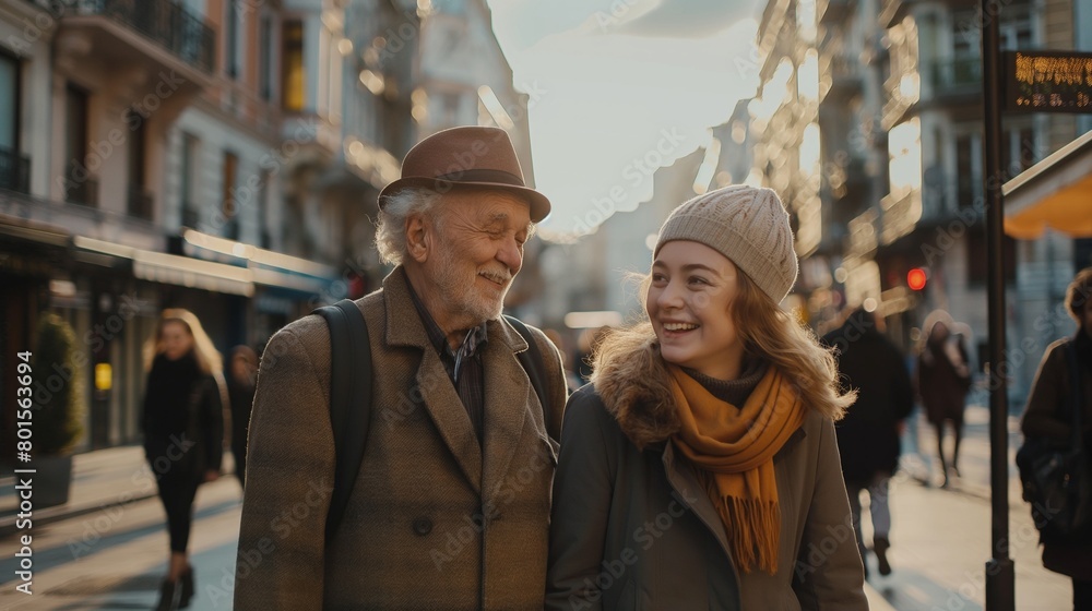 Fototapeta premium A young woman helping an elderly man cross the street, their smiles reflecting the kindness in their hearts.