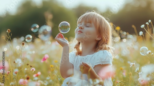 A young child blowing bubbles in a field of wildflowers  their laughter echoing through the peaceful countryside.
