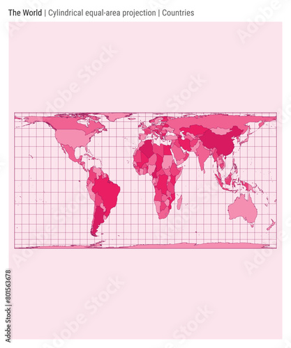 World Map. Cylindrical equal-area projection. Countries style. High detail world map for infographics, education, reports, and presentations. Vector illustration.