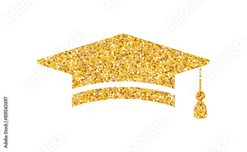 Graduation hat glitter logo. Graduate cap flat sparkling luxury gold sticker