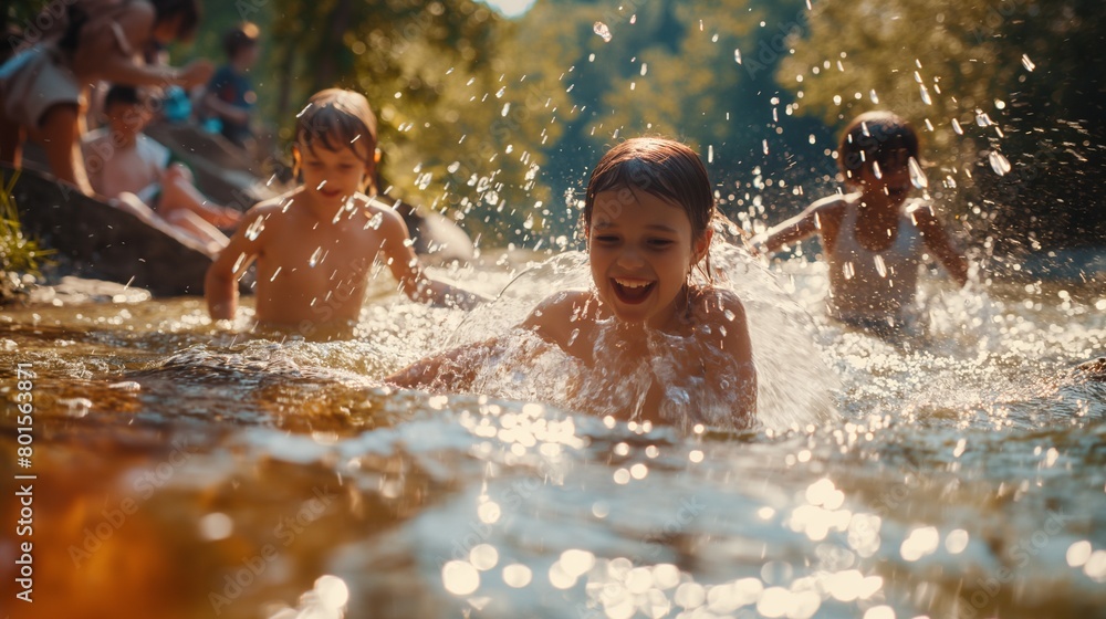 Fototapeta premium Children playing in a sparkling river, splashing and enjoying the refreshing water.