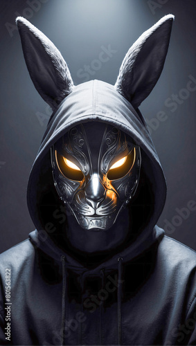 Mysterious enigmatic figure wearing a metallic rabbit mask with eerie glowing eyes on a dark background