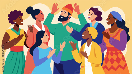 A diverse group of individuals joining together in colorful attire swaying and clapping to the soulful rhythms of a gospel choir.. Vector illustration