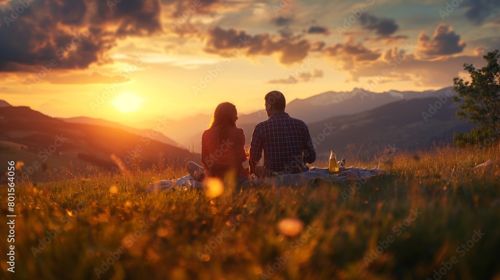 Couples enjoying a romantic sunset picnic on a grassy hill overlooking a picturesque valley.