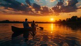 Couples enjoying a romantic sunset paddle in a canoe on a serene lake, with reflections of the sky on the water.