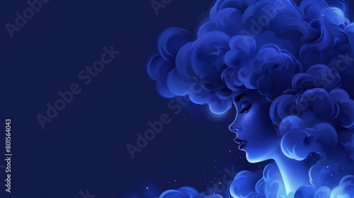  Woman's face with smoke from hair against dark blue background