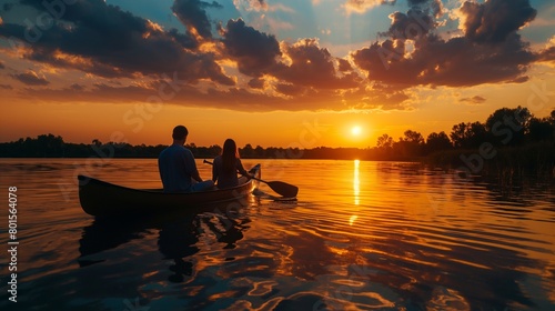 Couples enjoying a romantic sunset paddle in a canoe on a serene lake, with reflections of the sky on the water. photo