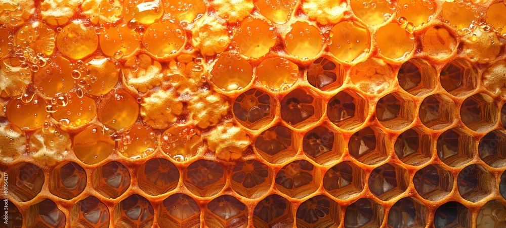 Golden Honeycomb with honey close up. Natural pattern. Texture. Concept of apiculture, natural design, beekeeping, organic honey production, bee craft. Abstract backdrop. Copy space. Wide Banner Golden Honeycomb with honey close up. Natural pattern. Texture. Concept of apiculture, natural design, beekeeping, organic honey production, bee craft. Abstract backdrop. Copy space. Wide Banner