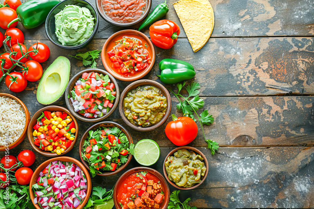 Vibrant array of traditional mexican dishes on a rustic wooden table Vibrant array of traditional mexican dishes on a rustic wooden table