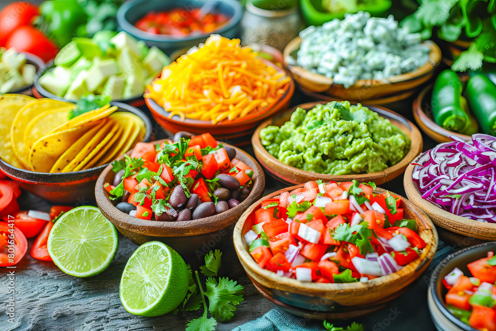 Vibrant selection of mexican dishes arranged for a feast Vibrant selection of mexican dishes arranged for a feast
