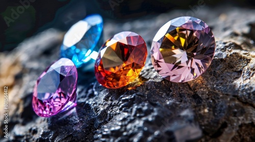 Colorful  faceted gemstones elegantly displayed on a contrasting rugged rock surface