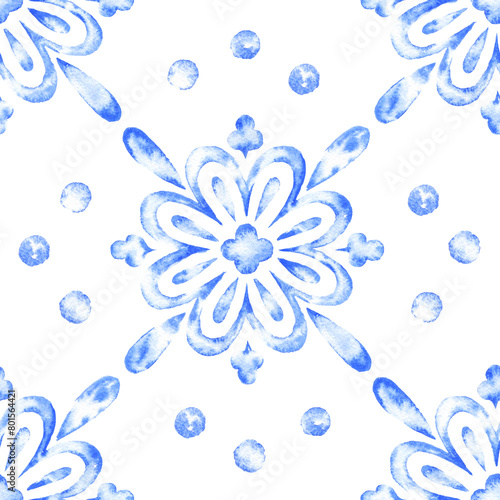 Watercolour blue square ornament tile seamless pattern  (ID: 801564421)