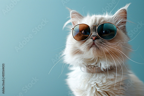 Portrait of a fluffy white cat in sunglasses on a blue background with space for text. Generated by artificial intelligence