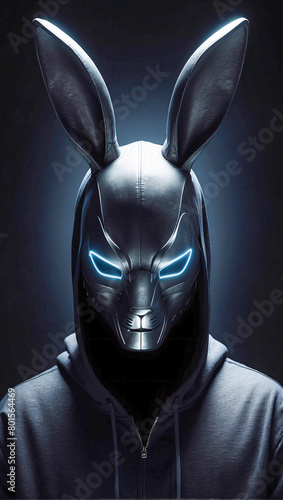 Mysterious enigmatic figure wearing a metallic rabbit mask with eerie glowing eyes on a dark background