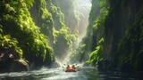 Friends rafting down a roaring river, surrounded by towering cliffs and verdant greenery.