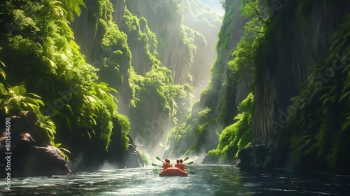 Friends rafting down a roaring river, surrounded by towering cliffs and verdant greenery. © Eric