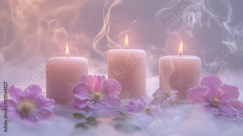   Three pink candles sit atop a table  adjacent to a bouquet of flowers also on the table