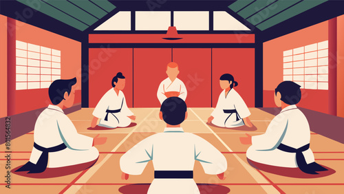 A serene dojo with sliding shoji doors serves as the backdrop for a group of students mastering the art of Aikido.