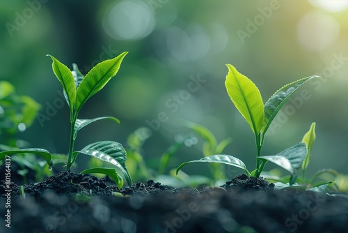 small green plants sprouting from the ground  growing in neat sequence on rich soil with a blurred light background 