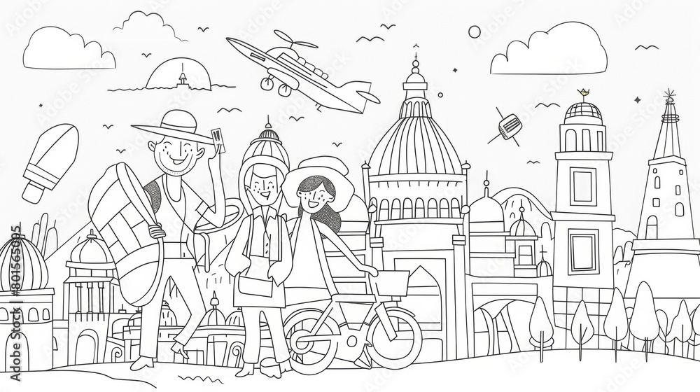 Whimsical line art characters exploring various destinations and attractions.