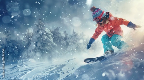 Portrait of young girl snowboarding in winter . generative AI image photo
