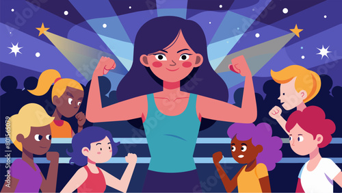 A young girl watching in awe as a group of skilled female fighters showcase their incredible strength and skill in the ring.