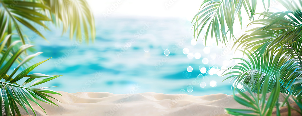 Summer background with tropical palm leaves and sandy beach background banner for summer vacation travel concept Summer background with tropical palm leaves and sandy beach background banner for summer vacation travel concept