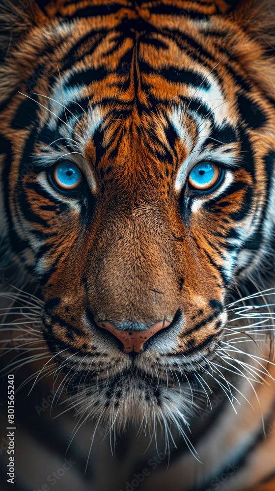 Portrait of a tiger with blue eyes, close-up.