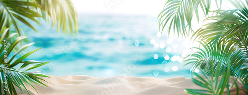 Summer background with tropical palm leaves and sandy beach background banner for summer vacation travel concept © Miftakhul Khoiri