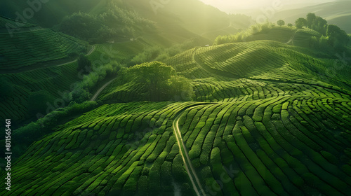 Lush Green Tea Plantation at Sunrise, Aerial View, Sustainable Agriculture, Perfect for Eco-Tourism Promotions, Panoramic Landscape with Copyspace photo