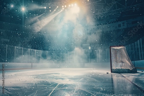 A hockey goal on an ice rink with fans in the stands and lights shining down, creating a dramatic atmosphere for a sports