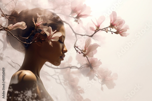 double exposure portrait of young woman with magnolia flowers on a white background.	