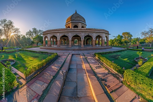 A panoramic view of the L Campy M bucks, India's most famous historical site with its dome and lawn park on both sides. photo