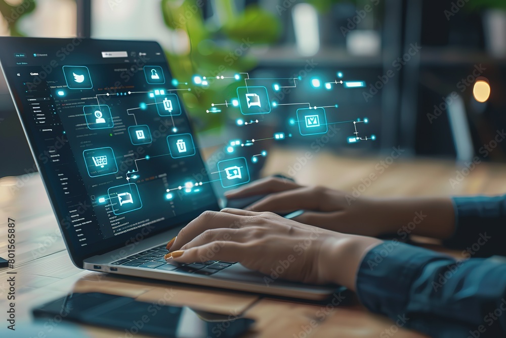A person using a laptop computer with digital document management icons floating above in an office background A person using a laptop computer with digital document management icons floating above in an office background