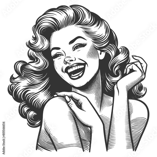 woman laughing heartily, her head thrown back in a moment of pure joy and infectious mirth sketch engraving generative ai fictional character vector illustration. Black and white image.