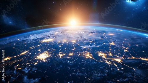 A breathtaking view of Earth from space, with the sun rising over Europe and global lighting up in blue hues.