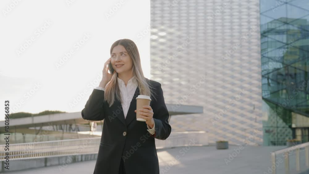 Young businesswoman in a black suit talking on the phone while holding a cup of coffee Young businesswoman in a black suit talking on the phone while holding a cup of coffee