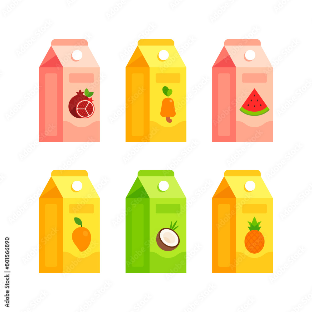 Set of pomegranate, cashew, watermelon, mango, coconut, and pineapple juice cartons. Flat icon set isolated on white background. Healthy fruit beverage concept for grocery stores and menu design