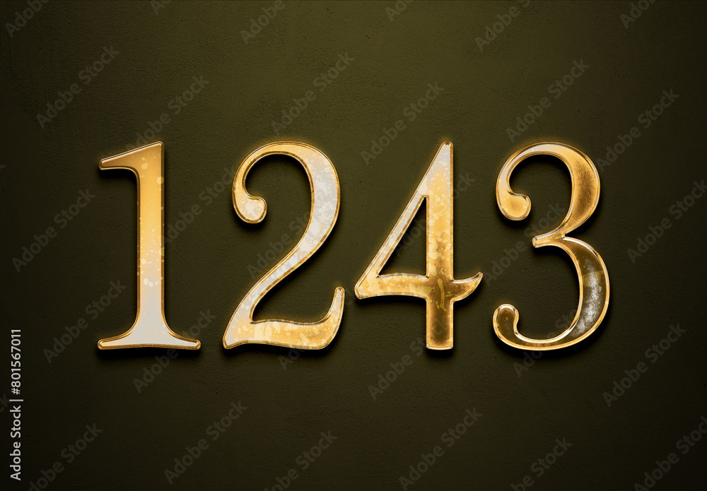 Old gold effect of 1243 number with 3D glossy style Mockup. Old gold effect of 1243 number with 3D glossy style Mockup.