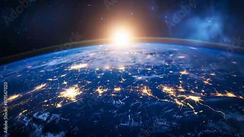 A breathtaking view of Earth from space, with the sun rising over Europe and global lighting up in blue hues.