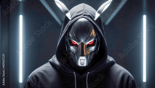 Mysterious enigmatic figure wearing a metallic rabbit mask with eerie glowing eyes on a dark background