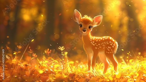  A small deer grazes in a field of grass and flowers with sunlight filtering through the trees behind it