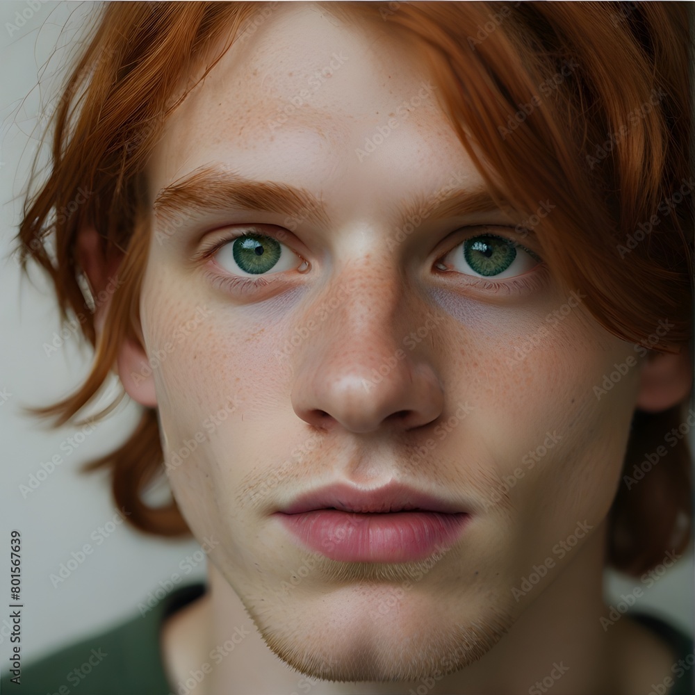 Close up portrait of a man with red hair and green eyes. Generative AI