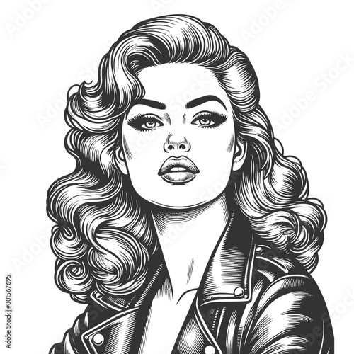 confident woman with voluminous hair, dressed in a stylish leather jacket sketch engraving generative ai fictional character vector illustration. Scratch board imitation. Black and white image.