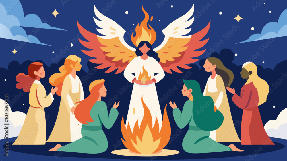 Fototapeta premium An ethereal drawing of a group of angels gathered around a heavenly fire as one of them recites a celestial poem about the beauty and symbolism of the. Vector illustration