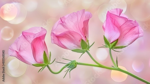   A tight shot of three pink blooms on their stem against a softly blurred background