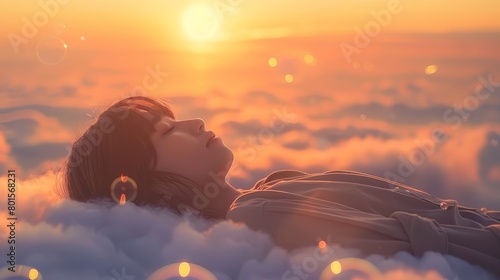   A woman reclines in the clouds, eyes closed, face turned towards setting sun photo