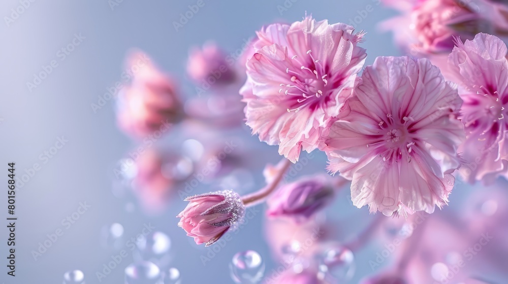   A collection of pink flowers atop a blue and white backdrop, adorned with water droplets on their petals