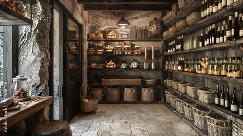 A rustic-chic pantry with open shelving, woven baskets, and a vintage-inspired light fixture.