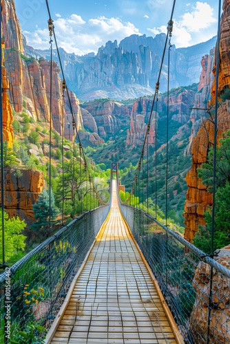 Futuristic suspension bridge amidst nature's grandeur photo